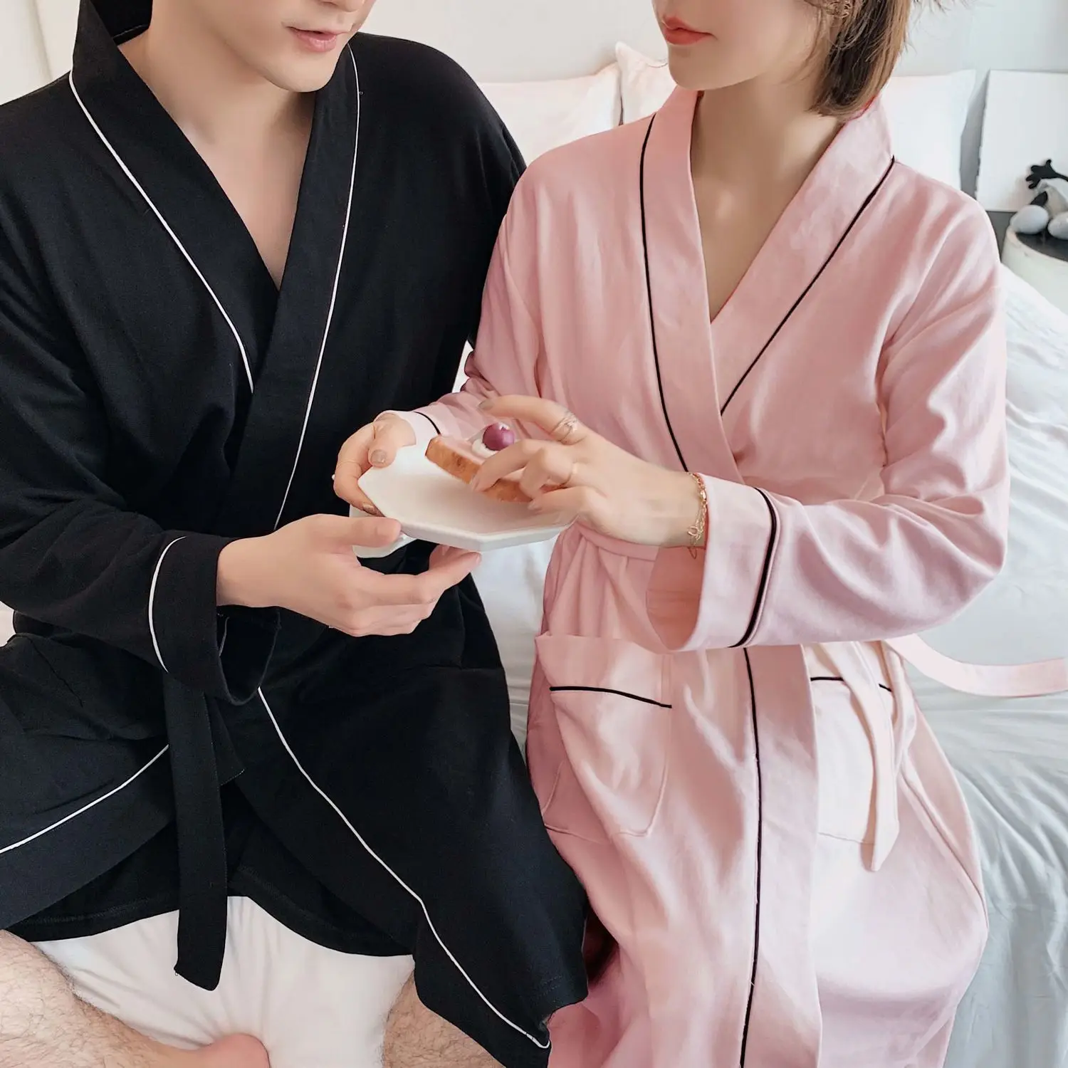 Men Long Sleeve Sleep Bath Robes Homewear V Neck Pockets Cozy Bathrobe Lovers Couples Pure Cotton Leisure Mens Nightgown Dress