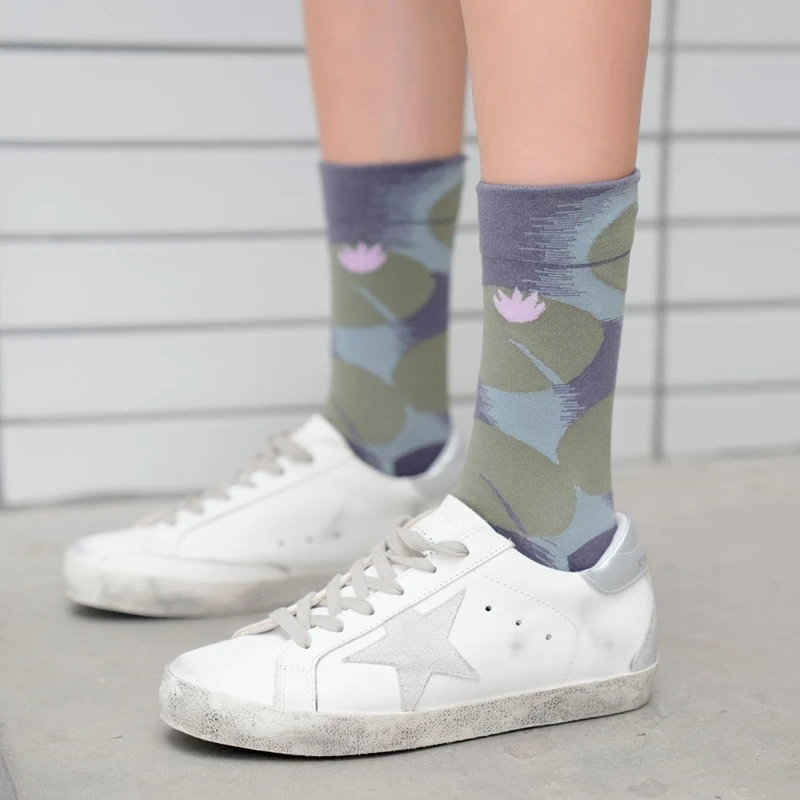 2 шт./1 пара женские носки забавные милые модные яркие Botany листья лотоса цветочные