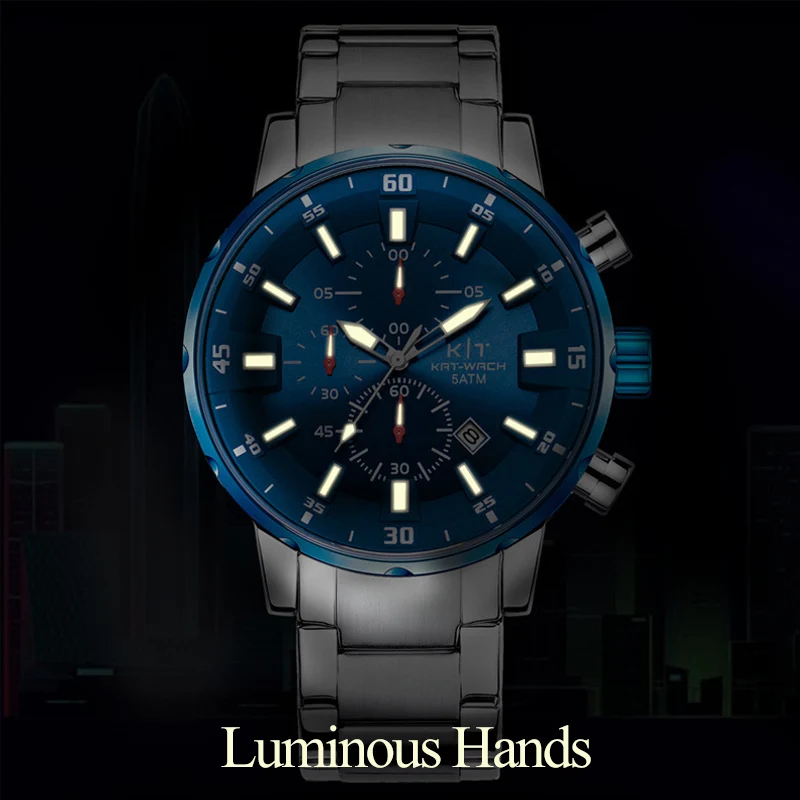 KAT-WACH хронограф Для мужчин спортивные часы для золотые 50 м Водонепроницаемый