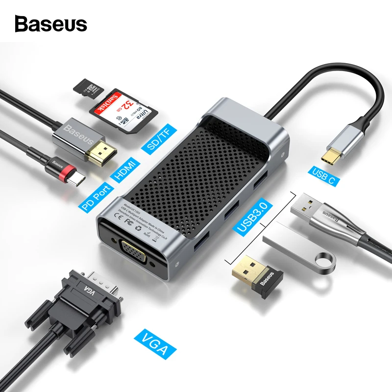 Baseus USB C концентратор type C к USB3.0 HDMI VGA RJ45 концентратор Мульти USB 3,0 адаптер питания type-c концентратор для MackBook Pro воздушный USB-C сплиттер
