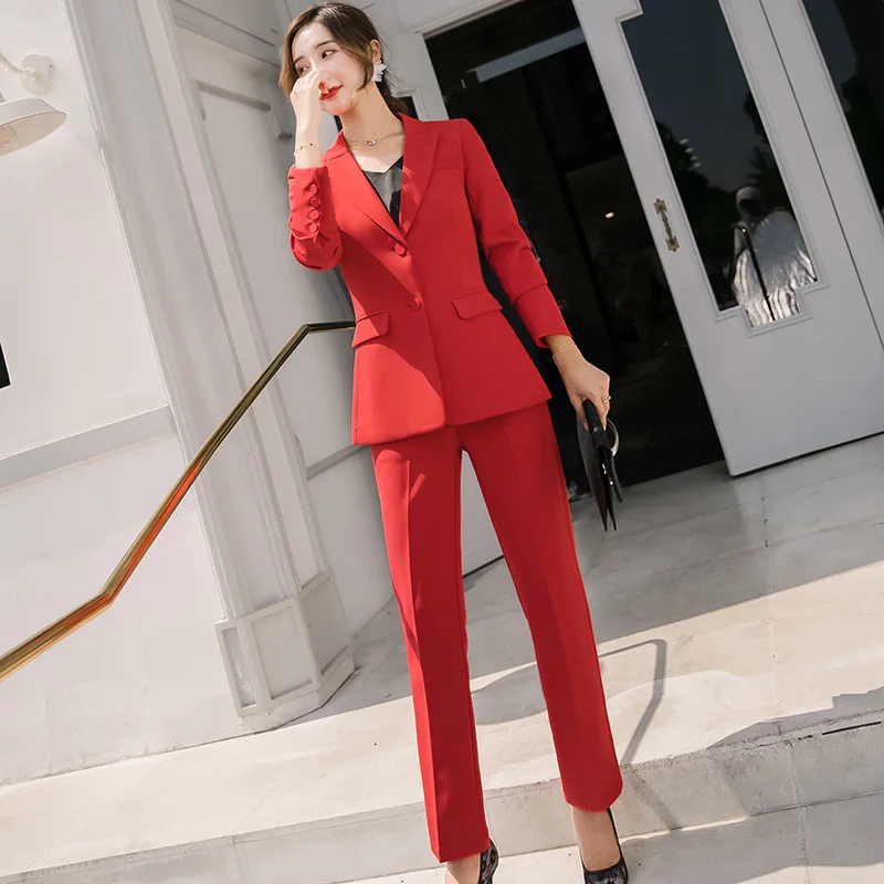 Женский брючный костюм элегантный офисный из двух предметов красный черный с