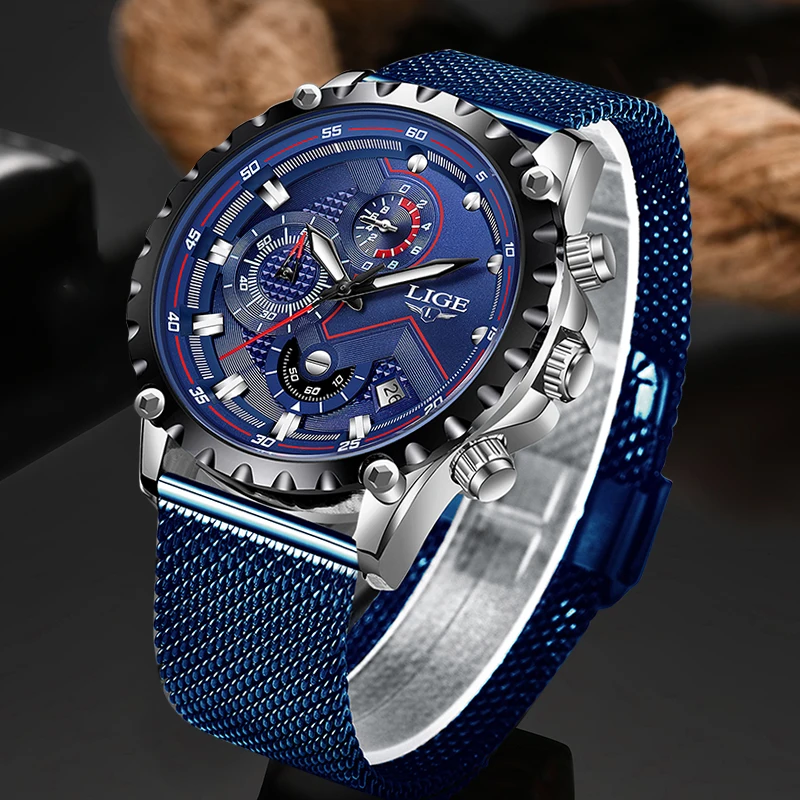 Часы наручные LIGE Мужские кварцевые брендовые Роскошные водонепроницаемые