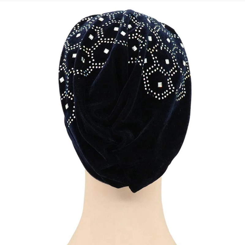 

Fashion Muslim female turban hat bonnet gold velvet hot rhinestone solid Indian beanie hair bonnets cap for women TB-88