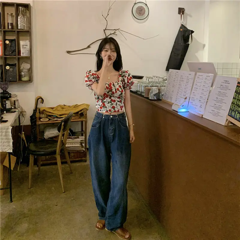 

Blouses Women Slim Bandage Lovely Print Summer Sweet Crop Top Mujer Puff Sleeve Vintage Romantic Leisure Ulzzang Chic New Ins