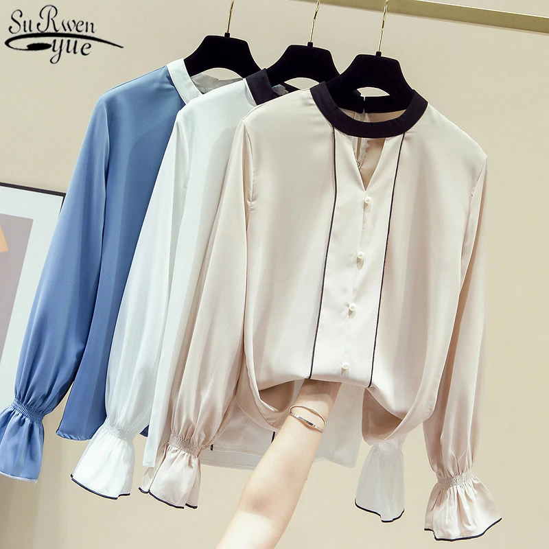 

Korean Vintage Shirt Women Autumn Flare Long Sleeve Tops Chiffon Blouse Female Hollow Blouse Solid Beading Office Lady New 11153