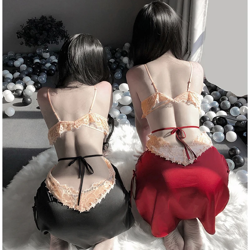 

2021 Sexy Women Soft Lace Night Dress Nightgown Deep V Neck Backless Silk Halter Strap Sleepwear Erotic Nightie Lingerie