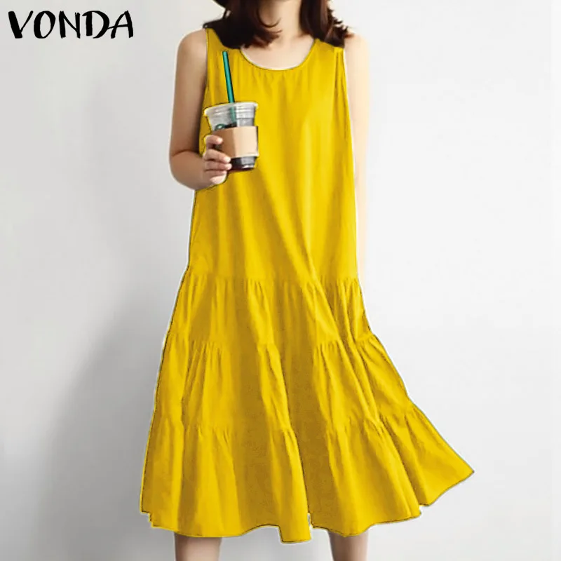 

Women Summer Dress VONDA 2021 Holiday Plain Tank Dress Beach Holiday Sundress Vintage Casual Loose Oversized Vestidos Robe Femme