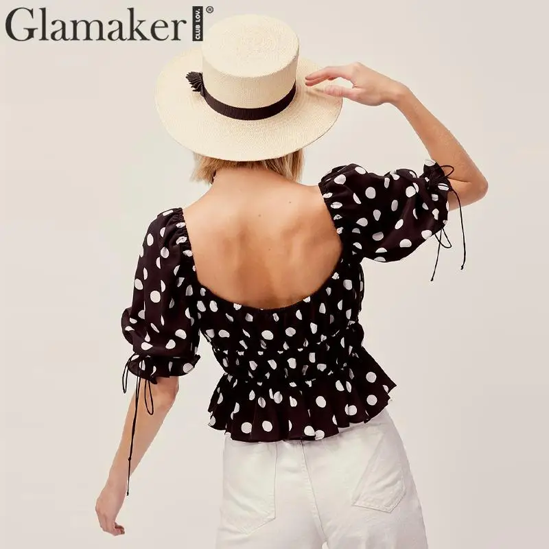 Glamaker, блузка в горошек с оборками, рубашка, Женская Осенняя блузка на шнуровке, укороченный топ, новинка, топ с пышными рукавами и квадратным воротником, зимний