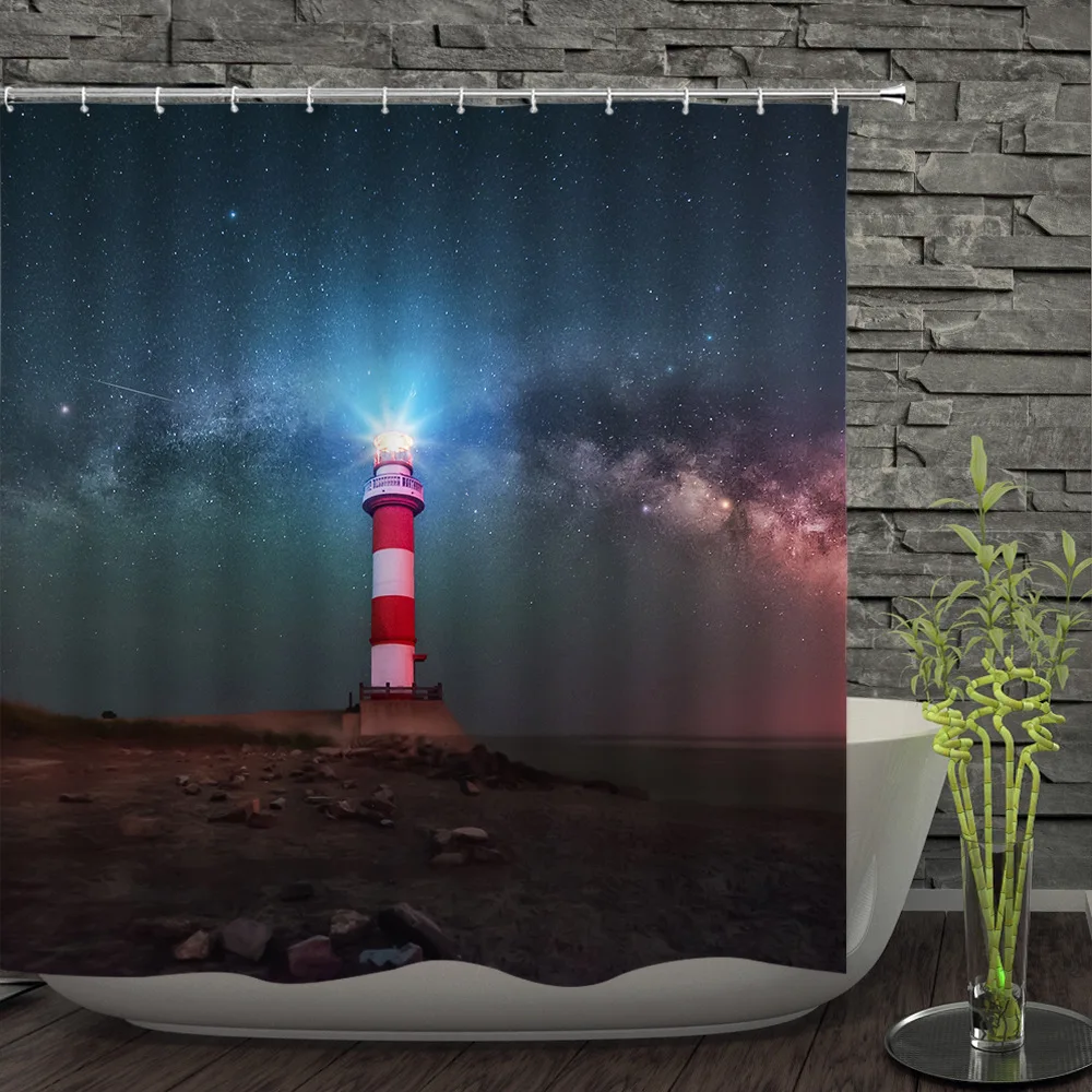 Красивая занавеска для душа с маяком Полиэстеровая Водонепроницаемая украшения