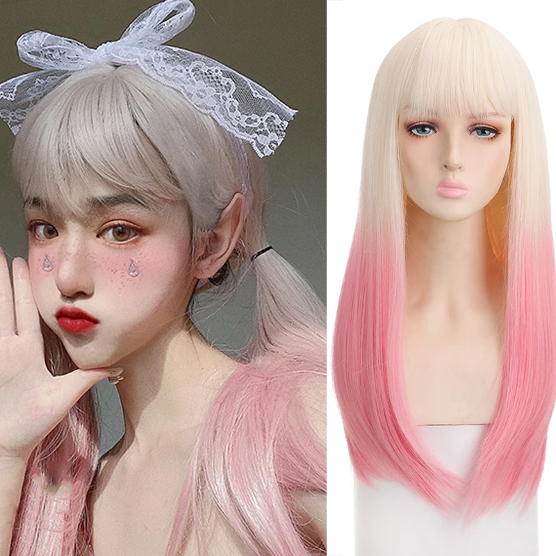 

DIANQI Synthetic Long Straight Ombre Blond Pink Wig With Bangs Middle Part For Women Daily Cosplay Wig Lolita Hair