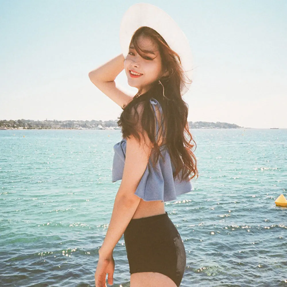 

Однослойный воротник, женское летнее сексуальное бикини в Корейском стиле, Cupshe с завышенной талией, однотонное без косточек, с оборками, три...