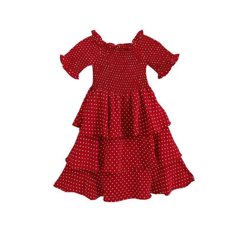 

Summer Girls Ruffled Collar Dress with Flare Hem At Neck Girls Shoulderless Elegant Dots Dress Beautiful Princess Hair Dresses