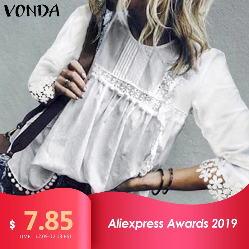 VONDA Женские топы и блузки с сексуальным О-образным вырезом 3/4 рукавами и отверстиями на верхнем слое блузка летняя Однотонная рубашка в богемном стиле топы больших размеров S-5XL