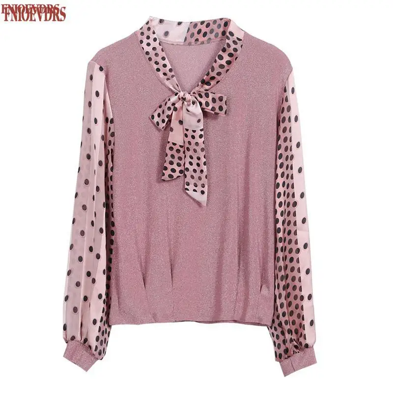 

Womens Pink Bow Tie Tops Autumn Long Sleeve Patchwort Faux Two Piece Dot Basic Shirts Blousas A915