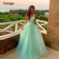 verngo garduation dress mint green lace applique sparkly tulle a line skirt long prom gowns v neck evening formal dress
