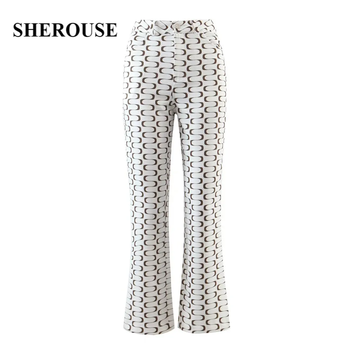 

Sherouse Women Fashion Printed Full Length Straight-leg Trousers Front Zip Fly and Buttons Chic Lady Woman High Street Pants