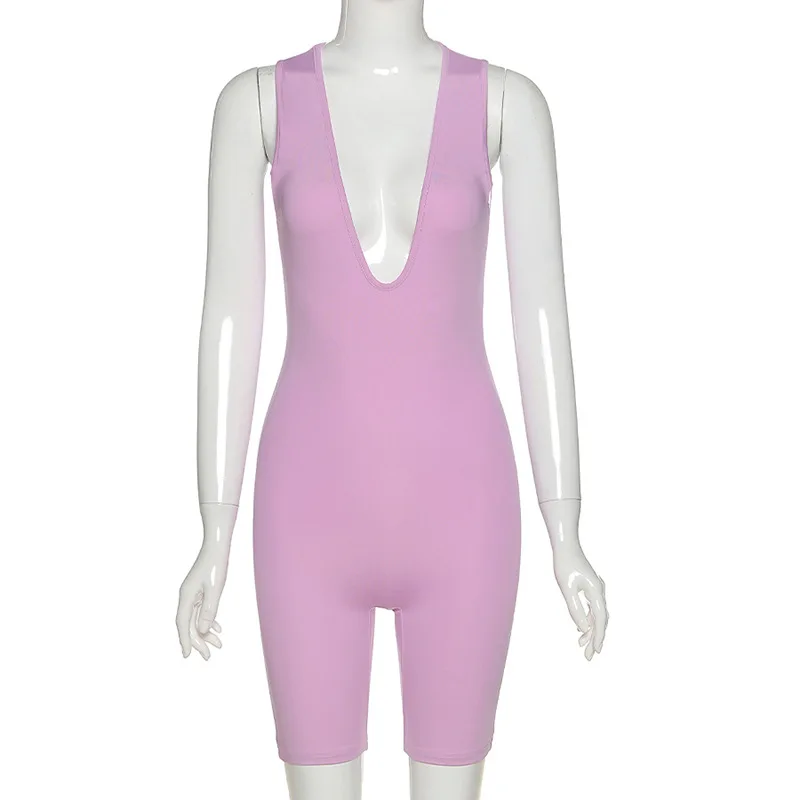 

Zoulv Spring Summer Fashion Sexy Deep V-neck Sports Fitness Jumpsuit Solid Color Women's Sleeveless Bodysuit
