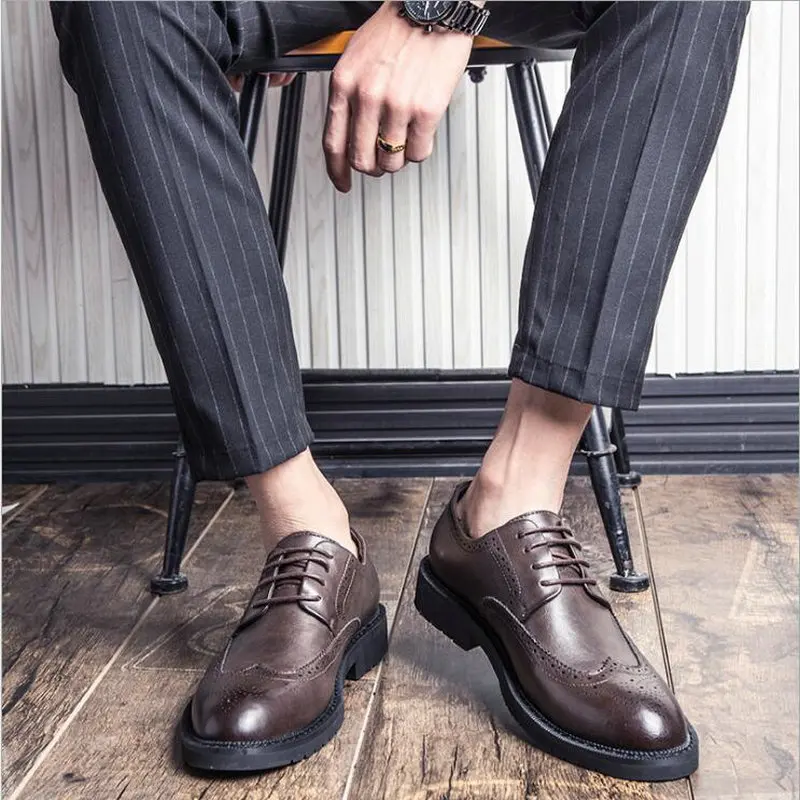 

Мужские деловые туфли-оксфорды, коричневые классические туфли для офиса и свадьбы, кожаные туфли ручной работы, большие размеры, весна-осен...
