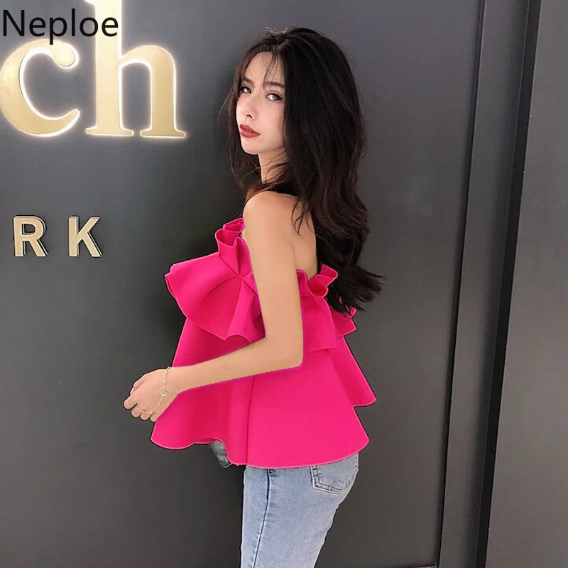 Neploe, без рукавов, без бретелек, женские блузы Tops с оборками, летняя Милая рубашка, новинка, корейские короткие блузки для отдыха на море, 53003