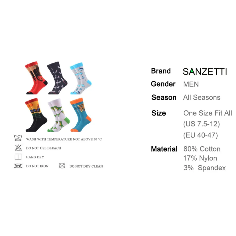 SANZETTI, 6 пар/лот, мужские повседневные носки из чесаного хлопка с креативным рисунком, платье с изображением тигра, кошки, собаки, животного, удобные свадебные подарочные носки