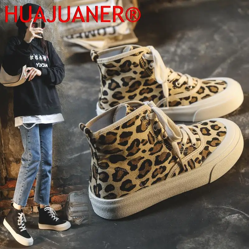 

Женские холщовые туфли с леопардовым принтом, высокие, повседневная обувь на плоской резиновой подошве, белые