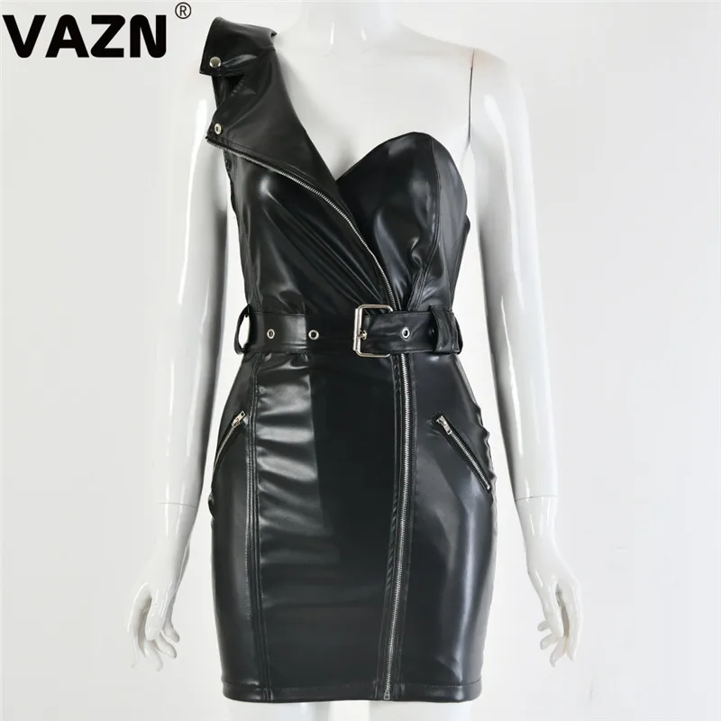VAZN, FD8359, новое кожаное платье, сексуальное, Клубное, классическое, черное, с вырезом, на одно плечо, на шнуровке, высокая талия, женское, тонкое, мини платье