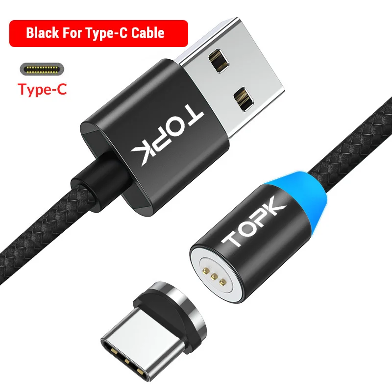 Black Type C Cable TOPK AM37 Быстрая зарядка Магнитный зарядный кабель mi cro usb type C кабель для iPhone X Xs Max 11 8 7 6 Xiaomi mi note 10 телефонные кабели - Цвет: Black Type C Cable