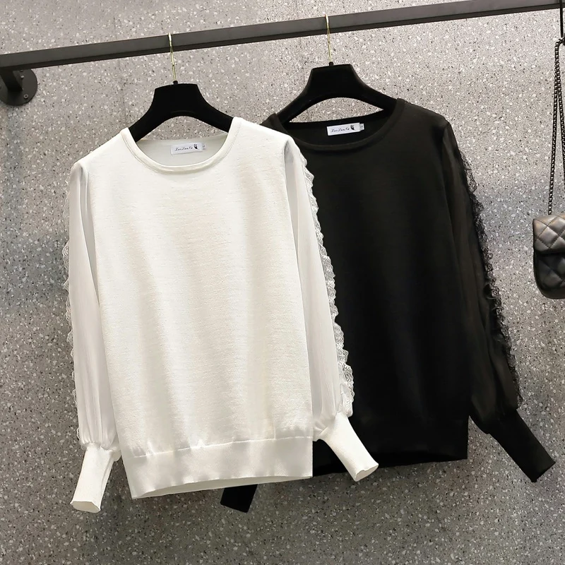 

Loose Oneck Sweater Pullover Women Autumn winter Casual long Sleeve basic plus size Lace Sweater For women Female knit top