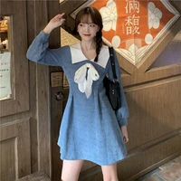 houzhou kawaii preppy style dress women 2021 autumn bow sweet cute long sleeve dresses elegant korean style robe streetwear