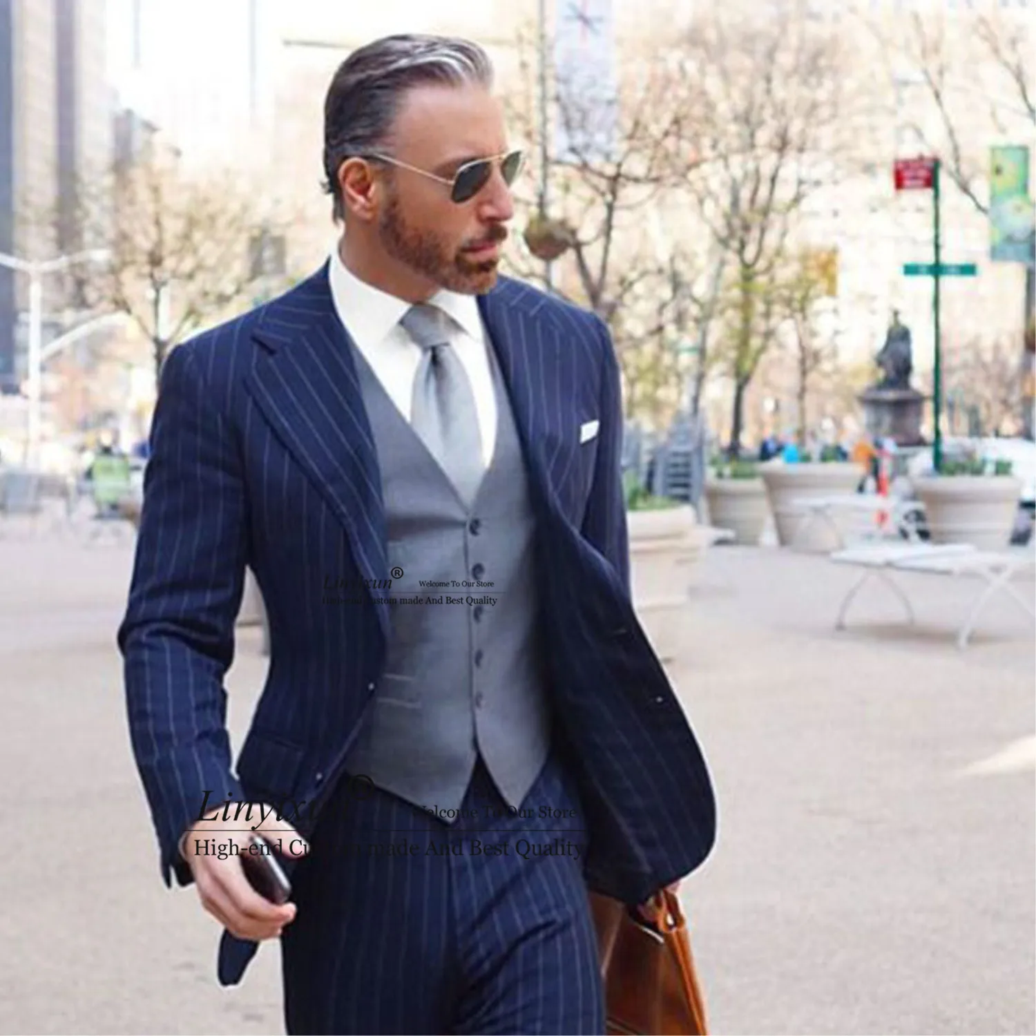 

Navy 3 Piece Slim Stripe Men Suit With Grey Waistcoat Cutsom Groom Wedding Tuxedo Prom Wedding Tailor Made Men Suit