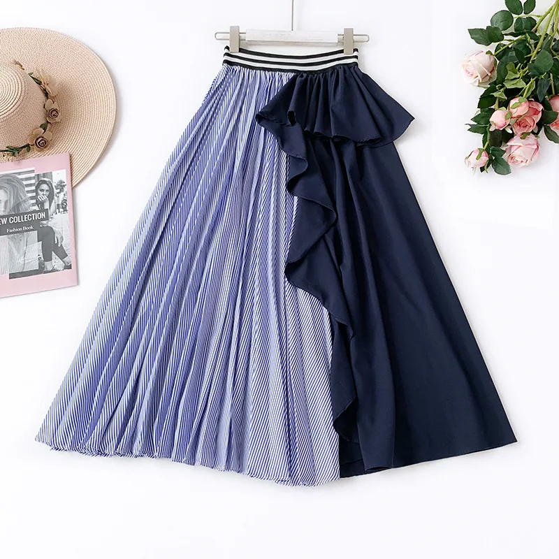 Vintage Irregular Asymmetry Pleated Long Skirt Women 2021 Elegant Ruffle Casual Loose Skirt Stripe Solid Patchwork Maxi Skirt