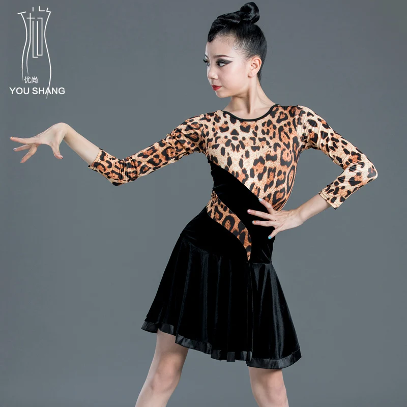

New Girls patchwork long sleeve Latin Dance Dress Children leopard Dance Performance Competition Standard Kids Dance Costumes