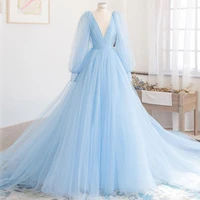 light blue prom dresses double depp v neck see through bubble sleeve floor length long evening dress a line quinceanera gown