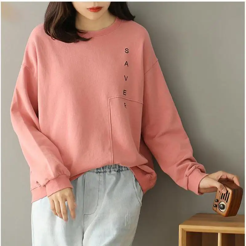 Новинка 2020 Весенняя Однотонная футболка с круглым вырезом и надписью свободная