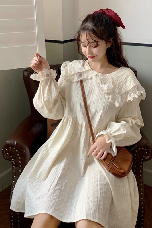 

College Style Long-Sleeved Dress Women Autumn Japanese t Lace Edge Sailor Collar Lantern Sleeve High Waist Sweet lolita dress