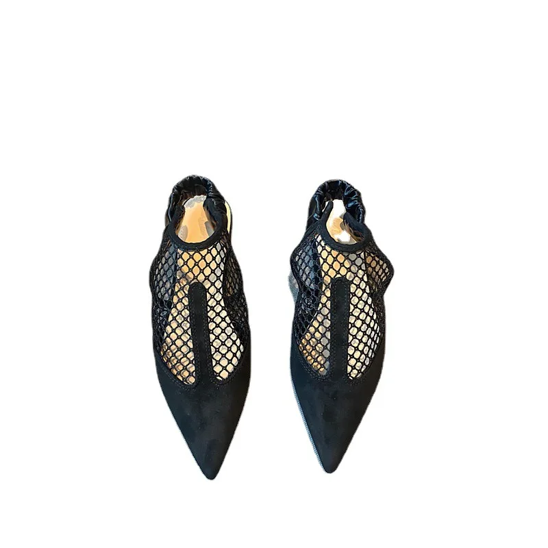 

Women Sandals Female Flats Pointed Toe Hollow Back Strap Elastic Band Black Apricot Hollow Mesh Elegant Beach Ladies Shoes 2021