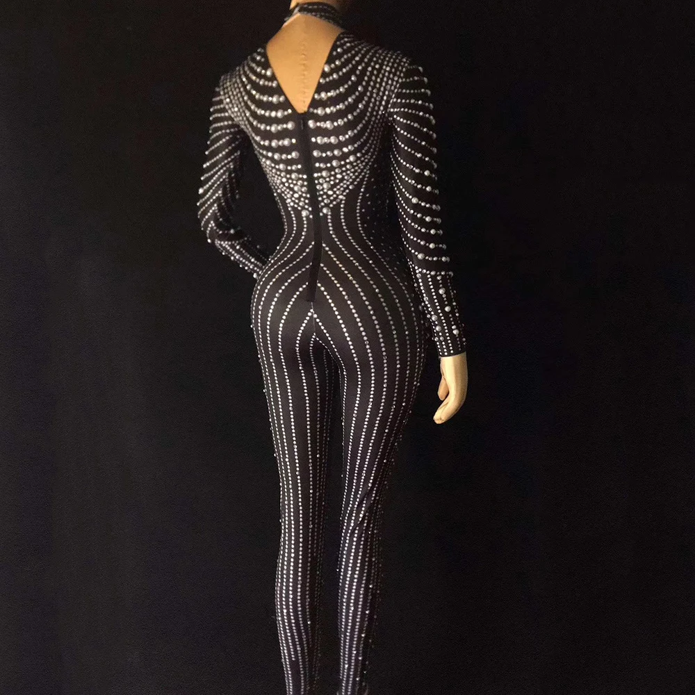 Блестящее трико стразы черные комбинезоны с блестящими жемчужинами женские