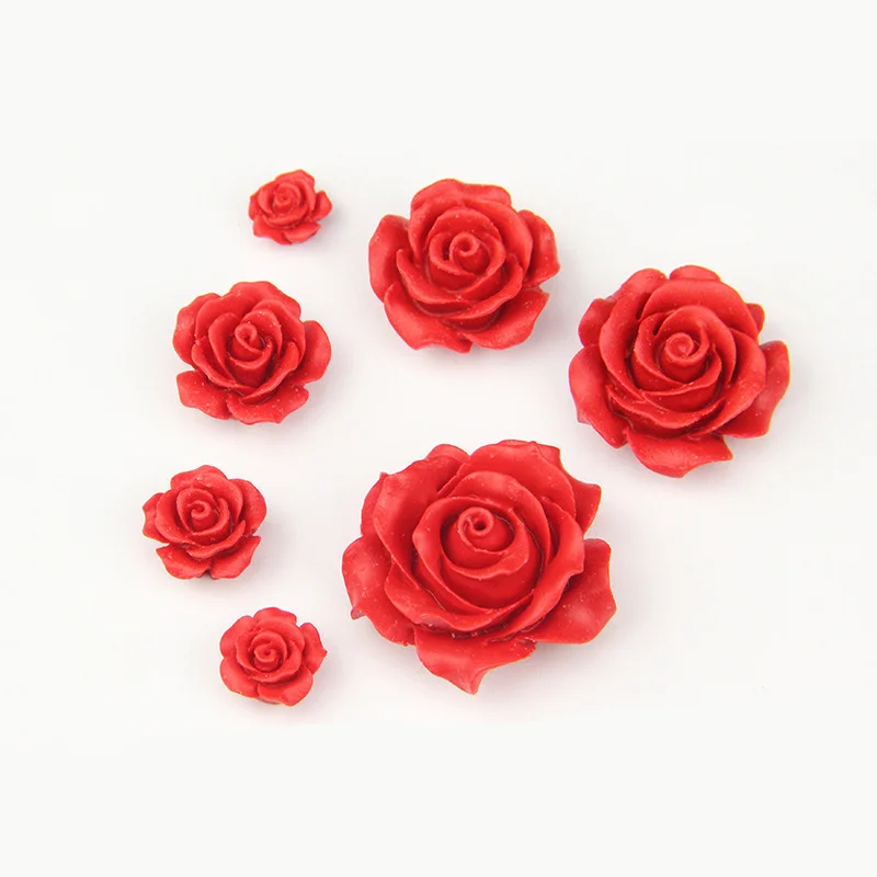 

5pcs Red Rose Flower Resin Beads Cabochon Cameos Vintage Chinese Style Handmade Loose Beads For DIY Jewelry Making Findings