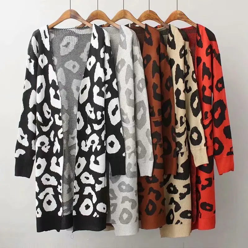 

Women Leopard Jacquard Sweater Cardigan Fashion Autumn Winter Women Clothing Knitted Cardigan Coat Long Jacket Outwear