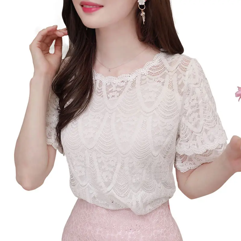

Блузка женская кружевная с круглым вырезом, однотонная элегантная рубашка с вышивкой, с коротким рукавом, в Корейском стиле, DD8622, весна-лето