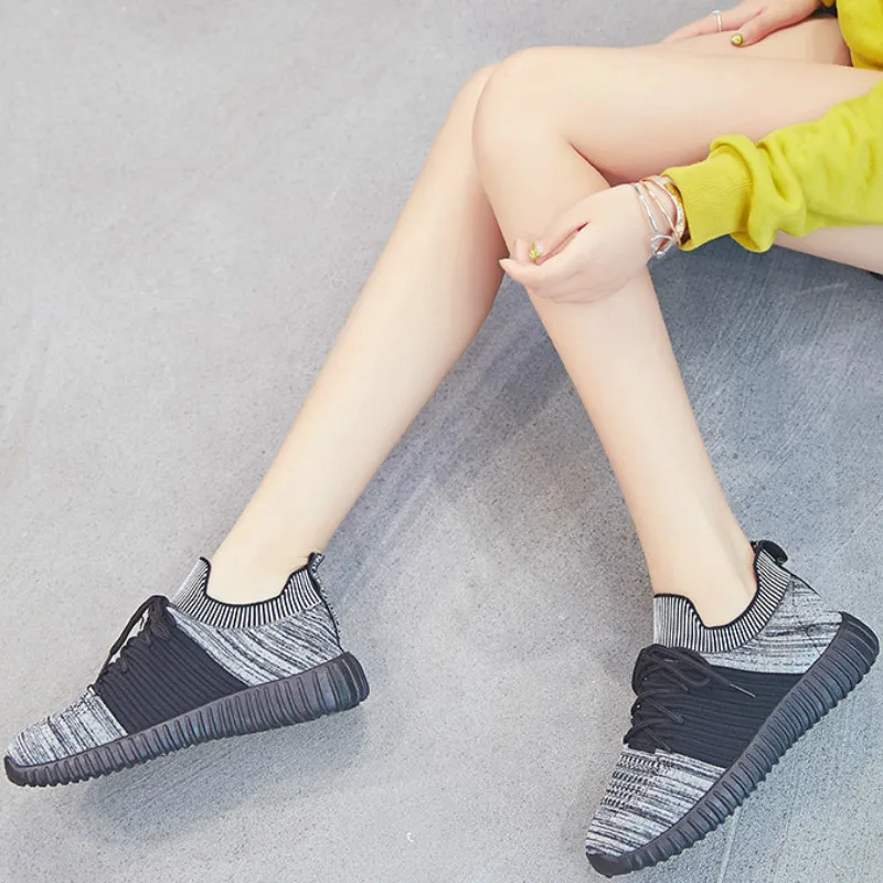 

QWEDF Women's Sneakers Fashion Flying Woven Casual Shoes Summer Shoes Breathable Tenis Feminino Light Black Comfortable D8-85