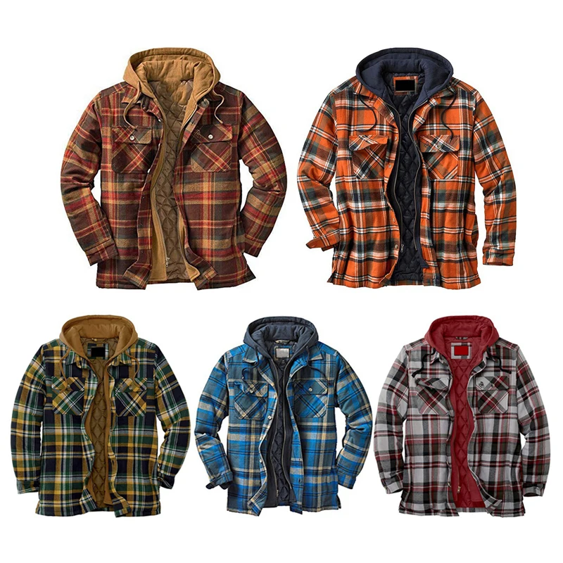 

Quilted Thick Plaid Long-Sleeved Loose Jacket Men's Hoodie Quilted Lined Flannel Hooded Full-Zip Shirt Jacket LL@17