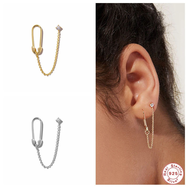

GS 925 Sterling Silver Unique Safety Pin White Zircon Double Studs Earrings For Women Chain Tassel Connected Piercing Earrings