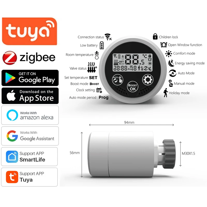 

Термостат ZigBee с регулятором температуры, умный программируемый клапан радиатора и привода для Alexa Google Home