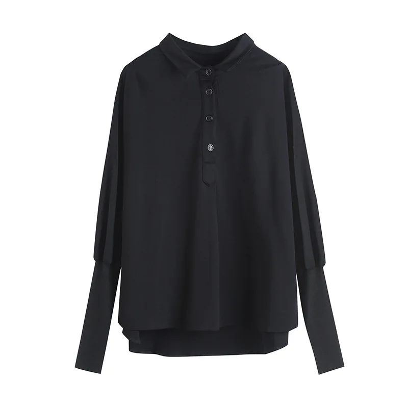 

TVVOVVIN Spring Women's Fashion New Solid Color Vintage T-shirt Long Sleeve Lapel Personality Simple Straight Tops F072