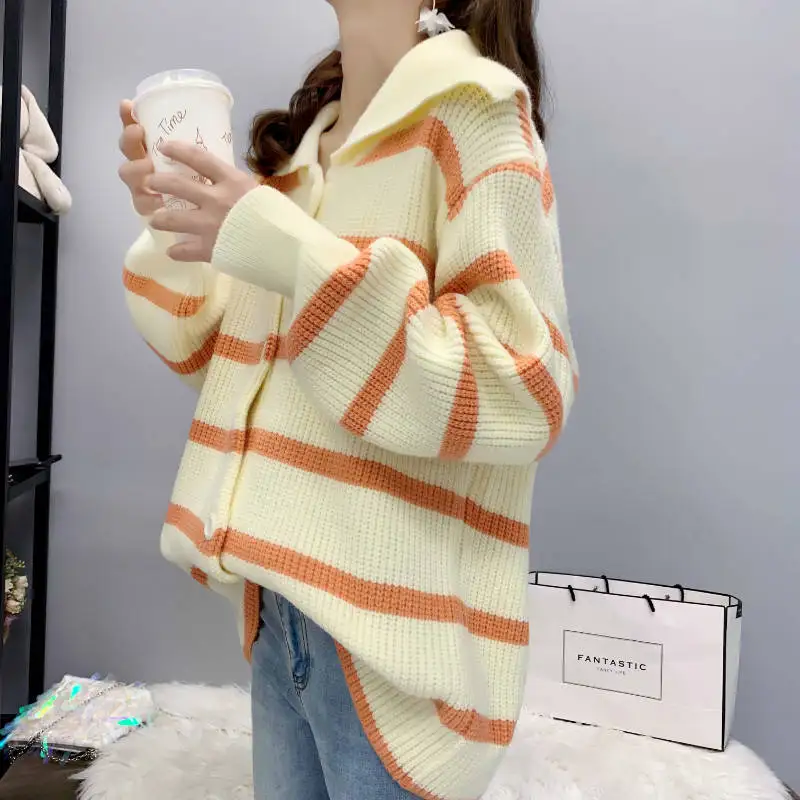 2019 autumn and winter wear loose striped sweater cardigan female ins very immortal foreign gas wild woolen coat jacket tide |