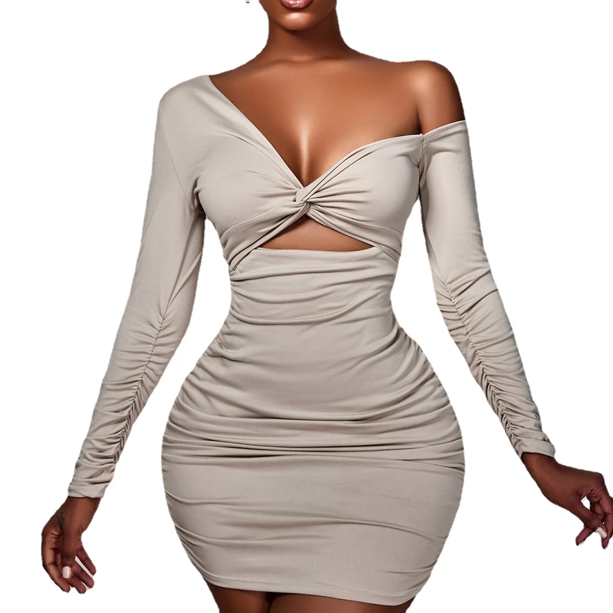 

Elegant Lady Off Shoulder Hollow Out Tunic Tight Evening Party Dresses Sexy Women Long Sleeve Bodycon Mini Package Hip Dress Y2K