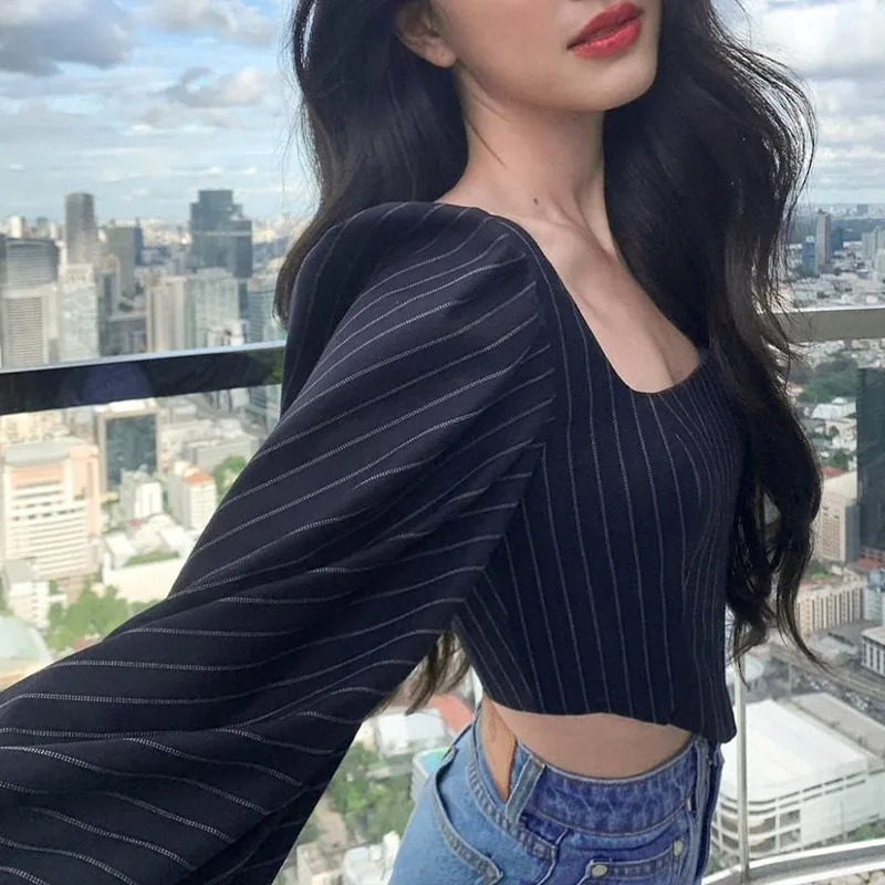 

NEW 2021 Summer Autumn Women Long Puff Sleeve Tops Sexy Ruffle Short Top Striped T-Shirt For Girls