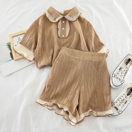 

2 Piece Set Women Peter Pan Collar Short Sleeve Blouse Shirts Elastic Waist Wide Leg Ruffles Shorts Fashion Suits