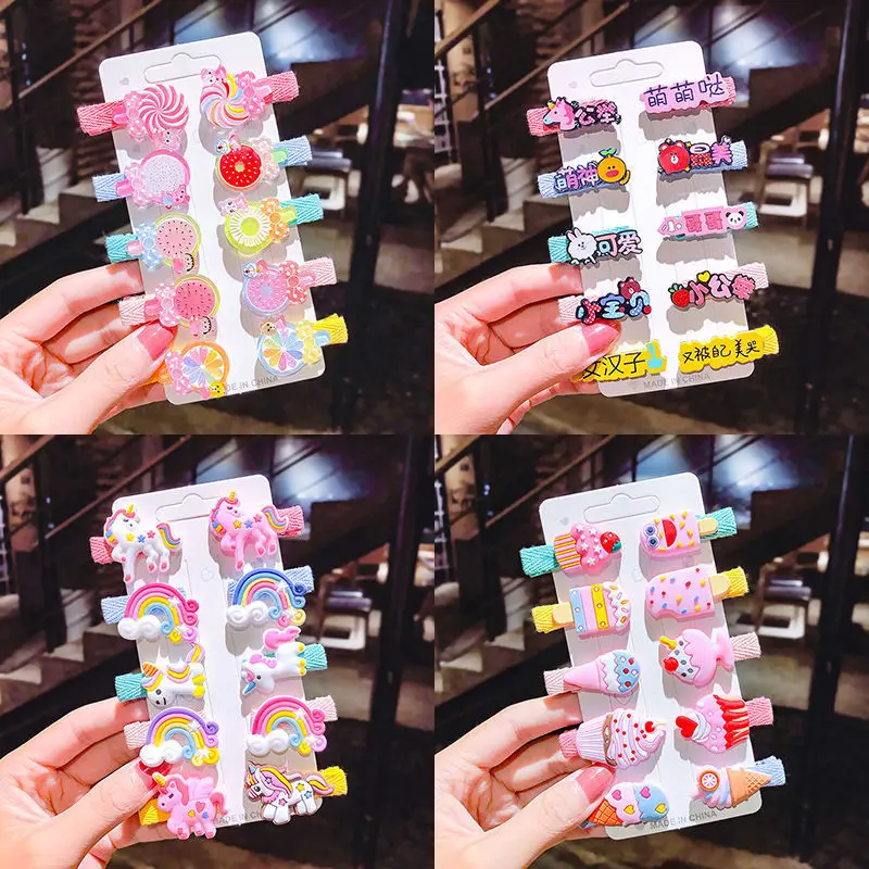 

10pcs/set Girl Hairpin Unicorn Ice Cream Fruit Cartoon Pattern Cute Baby Hair Accessory Duckbill Headdress